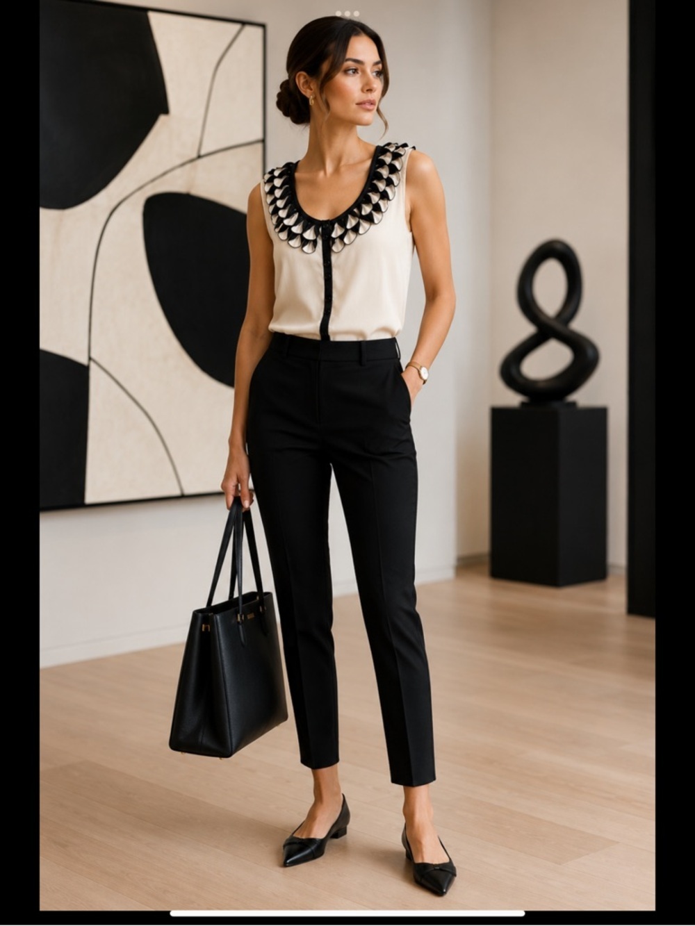 Ted Baker Cream Sleeveless Blouse with Black Trim
